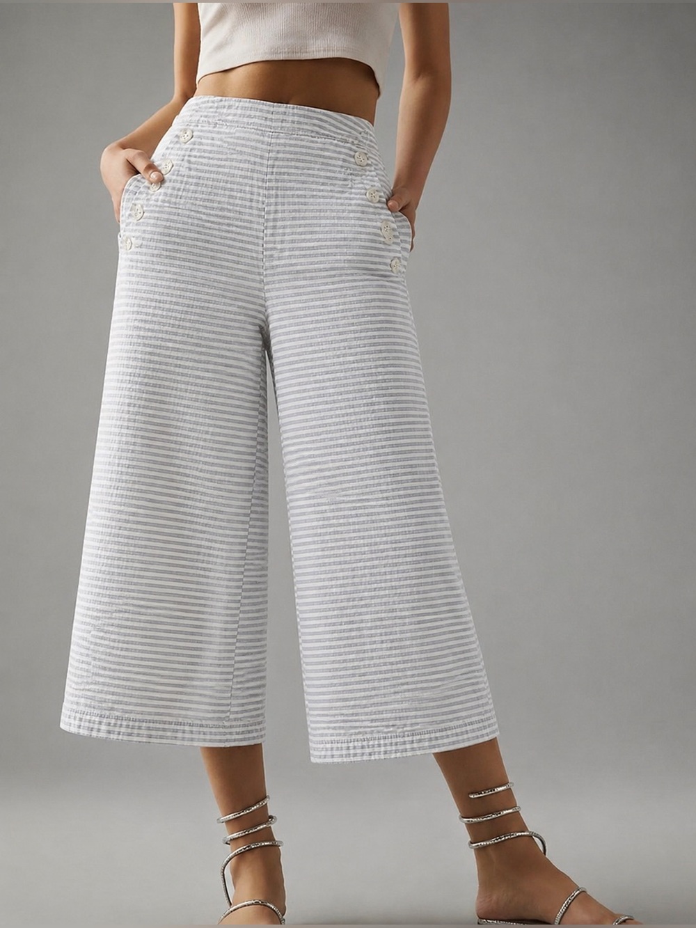 Vintage Sailor Striped Cotton Wide Leg Crop Pants Nautical Preppy Boho Coastal 6